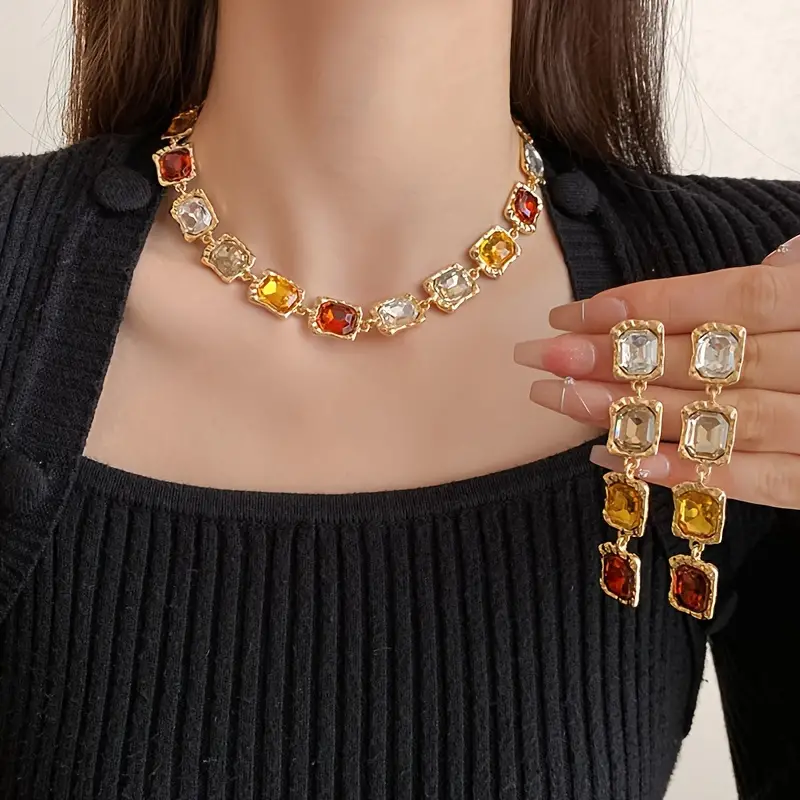 wedding banquet style jewelry set square rhinestone tassel stud earrings necklace set suitable for women details 2