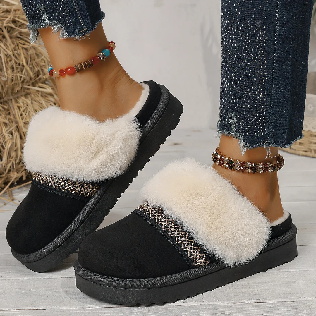 Breakj Breakj Cotton Slippers Lady Winter Home Wearing Retro Anti-Slip Thick Bottom Plus Velvet Warm Moon Shoes