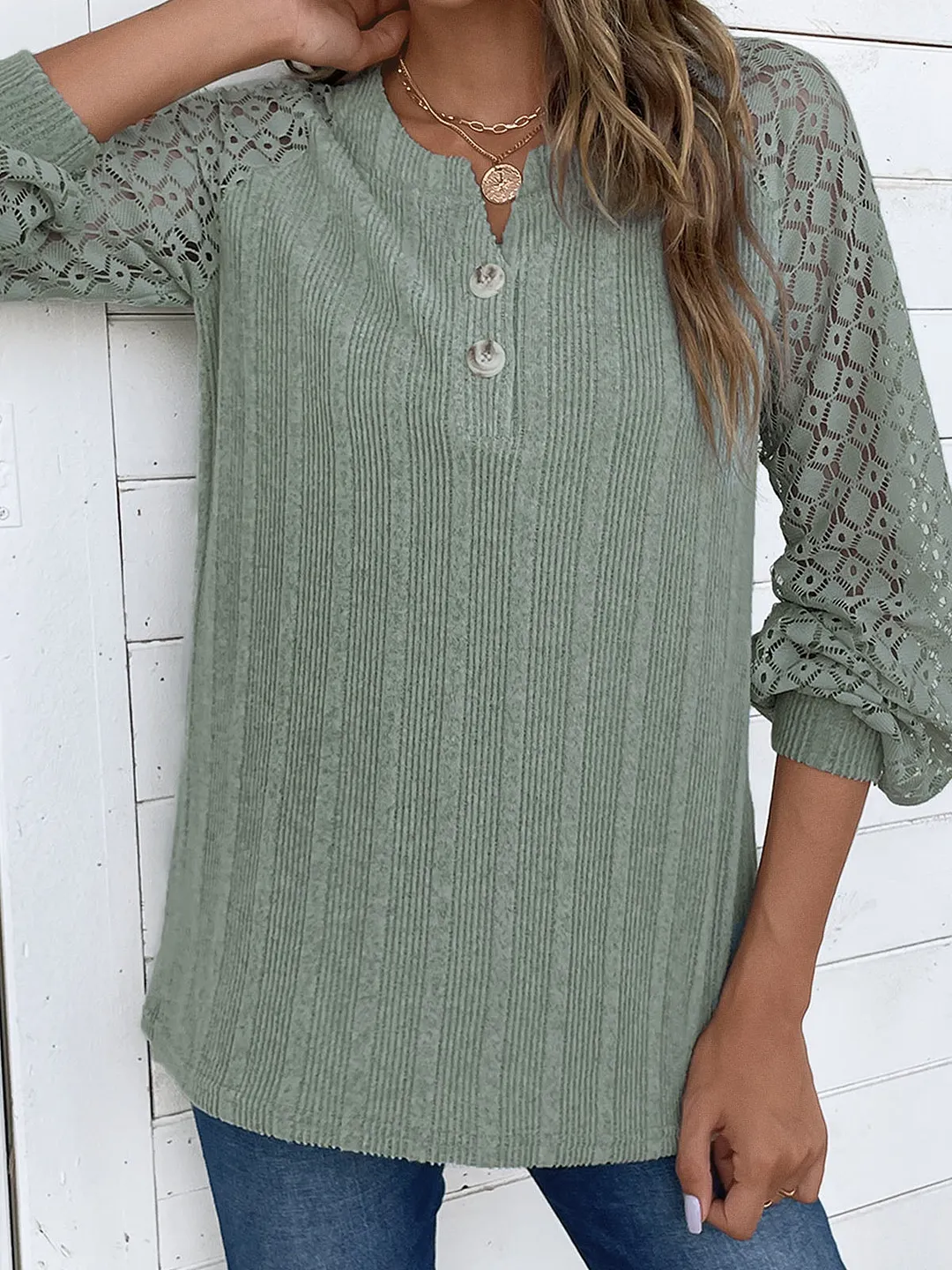 Women's Long Sleeve V-neck Solid Color Lace Top