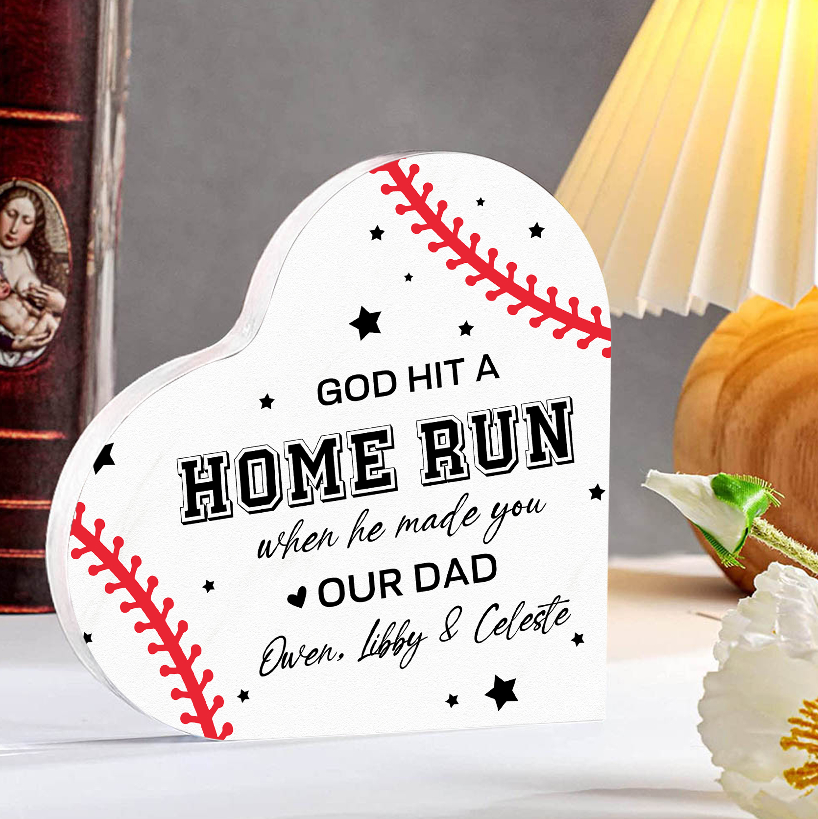 Personalised Text Acrylic Heart Keepsake Baseball Ornament Plaque Father's Day Gift - God Hit A Home Run When He Made You Our Dad-Jessemade AU