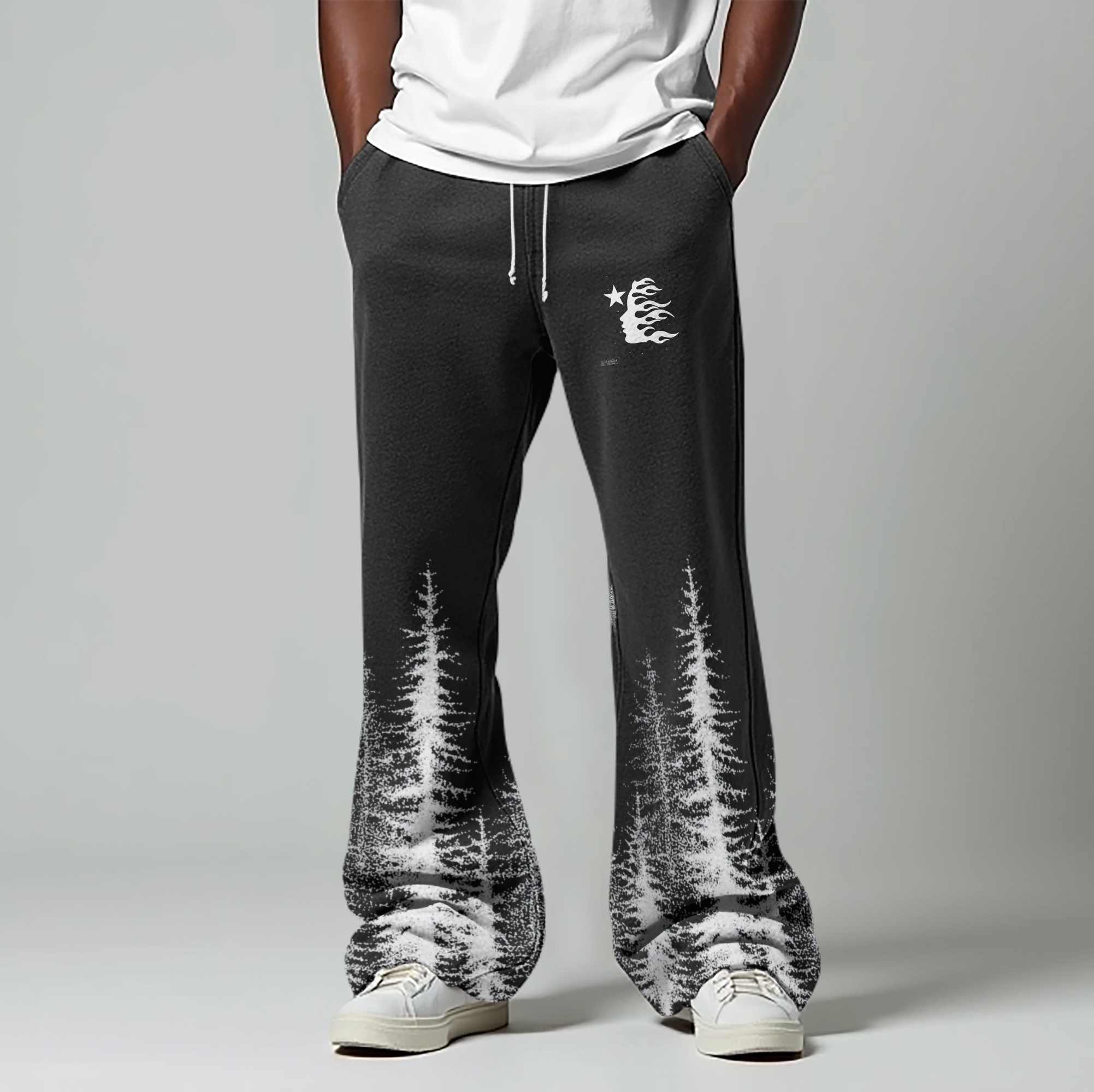 Sopula Vintage Forest Tree Hell Star Drawstring Graphic Flared Sweats Trousers - SOPULA