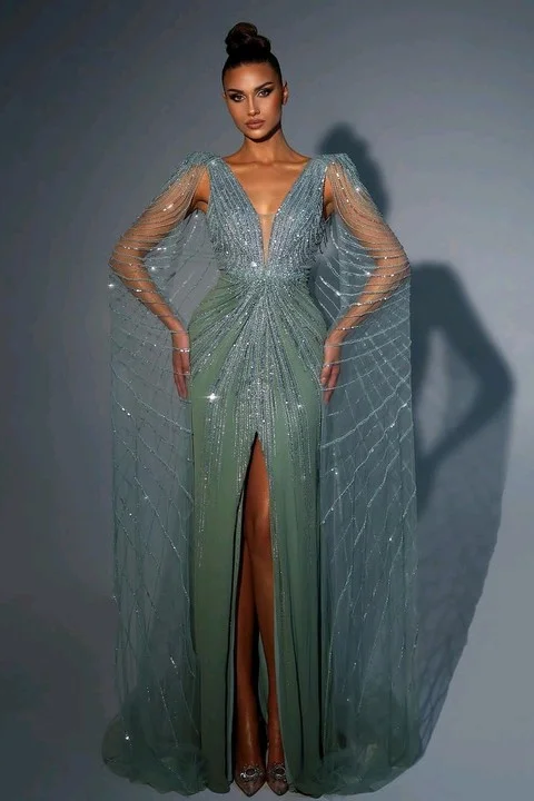 Daisda Charming Green V neck Long Split Prom Dress with Beadings