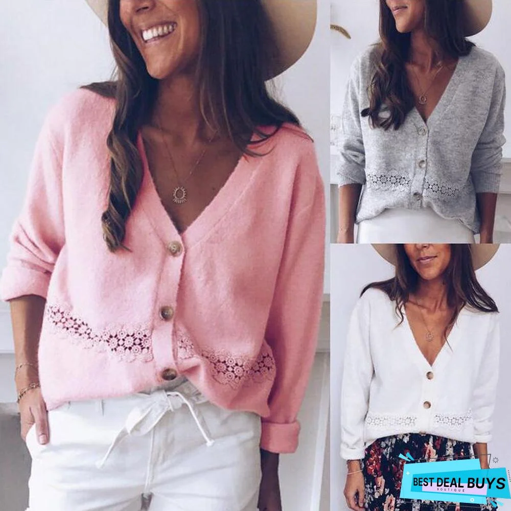 Women Buttoned Paneled V-Neck Casual Sweaters