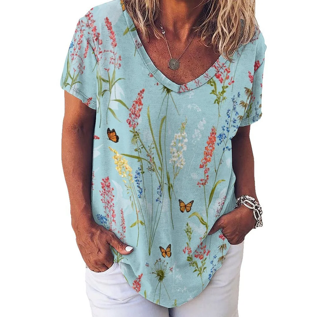 V-neck Short Sleeve Casual T-shirt for  Women Printed with Pattern Floral, Blue, Red