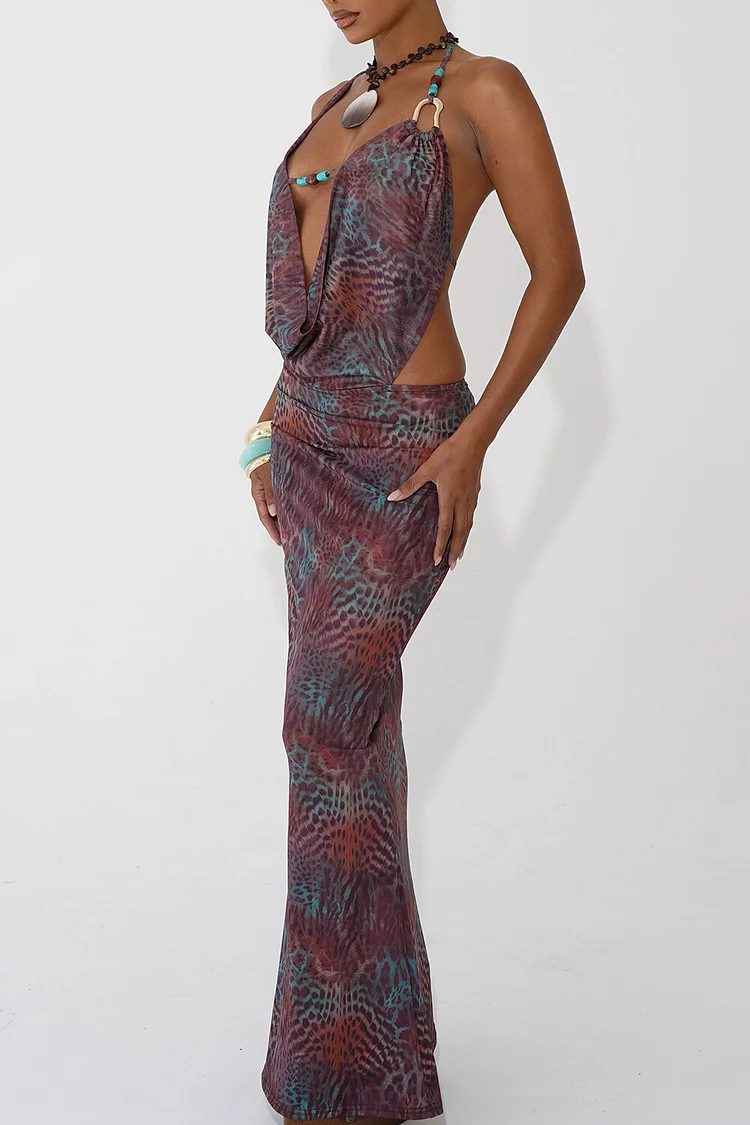 Leopard Print Halter Cowl Neckline Fitted Maxi Dresses-Purple [Pre Order]