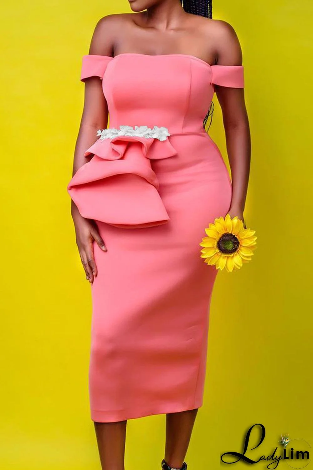 Pink Celebrities Elegant Solid Split Joint Off the Shoulder One Step Skirt Dresses