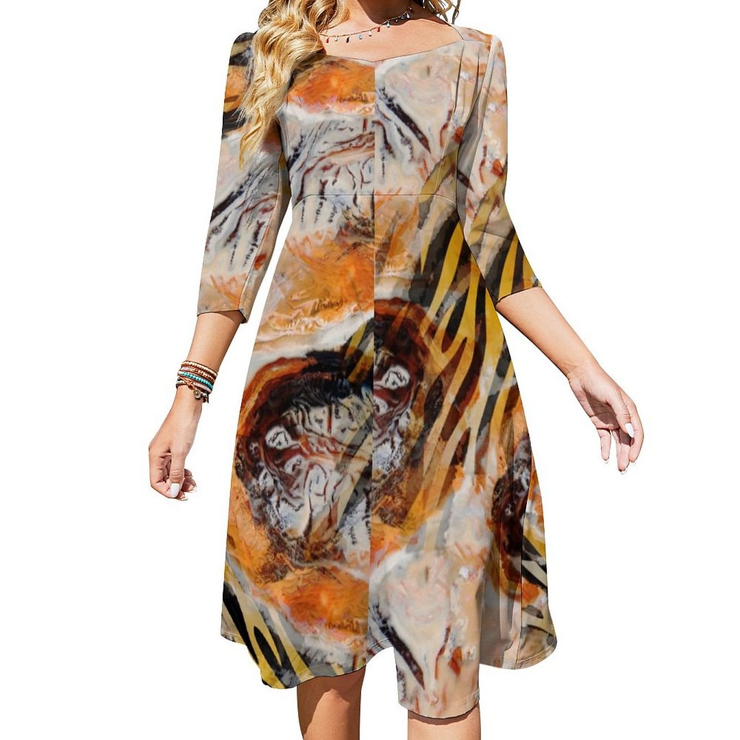 Tiger Swirls Stripes Boho Abstract Safari Dress Sweetheart Tie Back Flared 3/4 Sleeve Midi Dresses