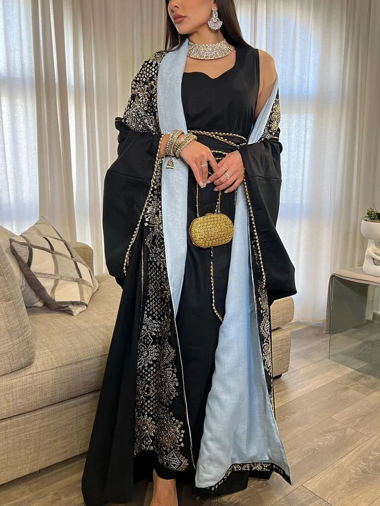 Simple Sleeveless Black Dress and Embroidery Outerwear