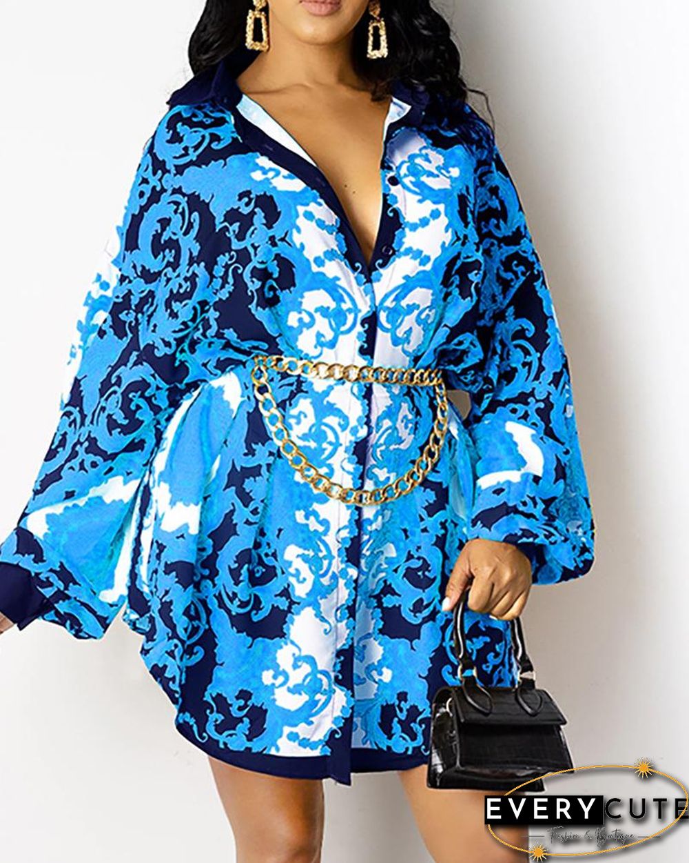 Graphic Print Long Sleeve Shirt Dress