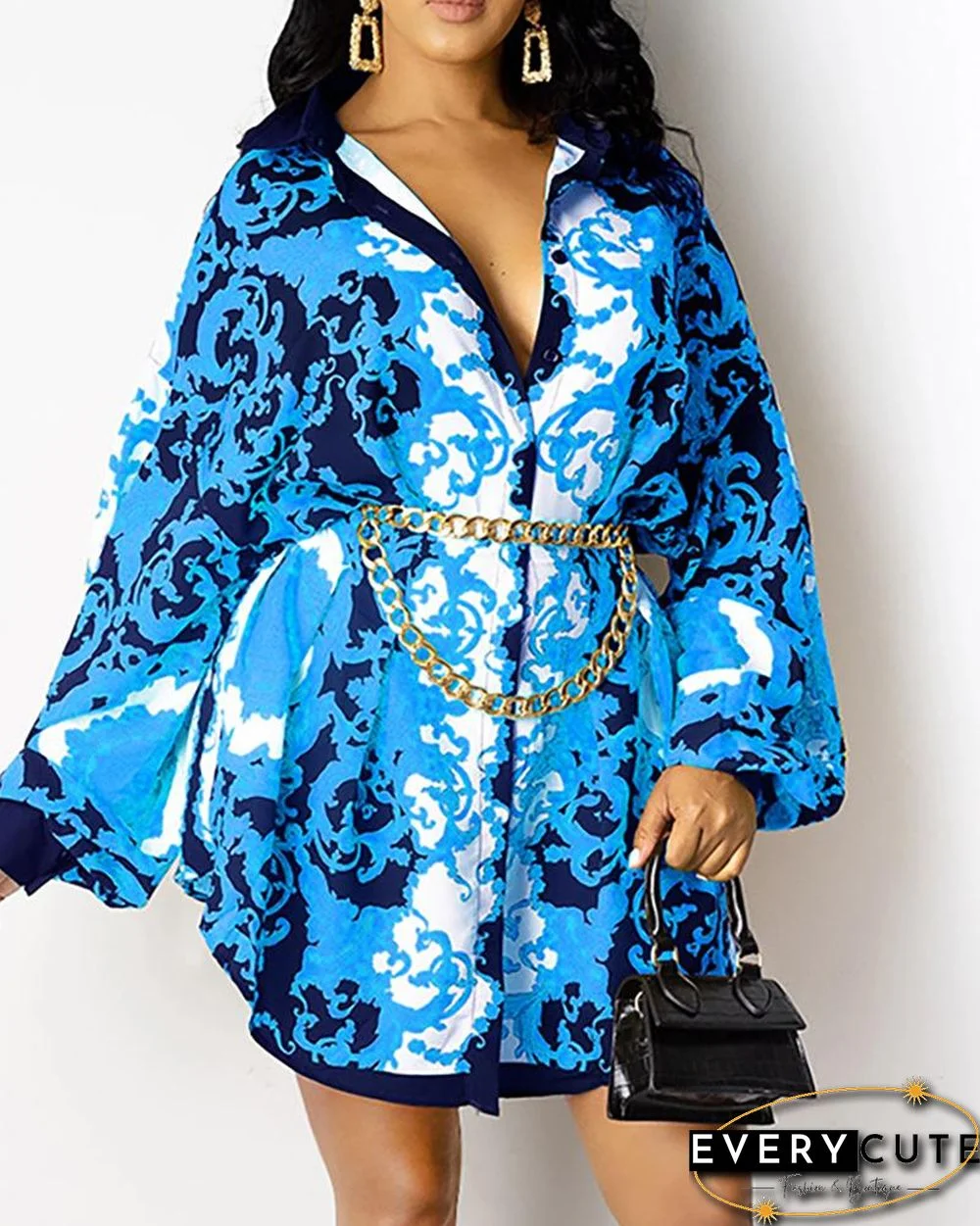 Graphic Print Long Sleeve Shirt Dress
