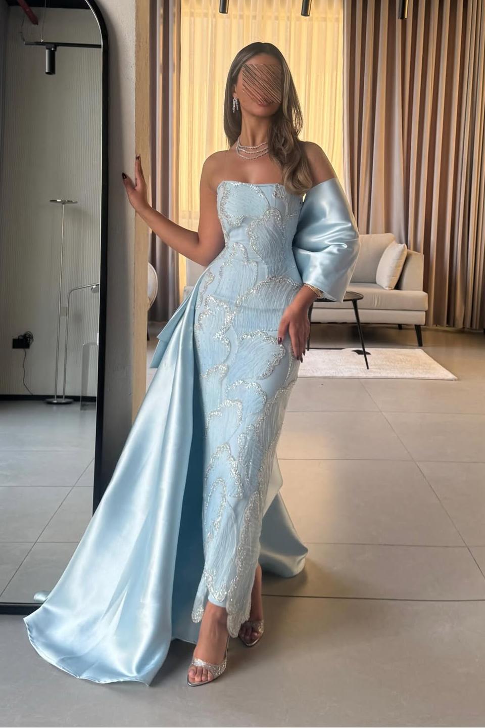 Satin Strapless Single-Sleeve Long Mermaid Prom Dress With Pearl Embroidery And Ruffles | YQ0070 Wellcucu