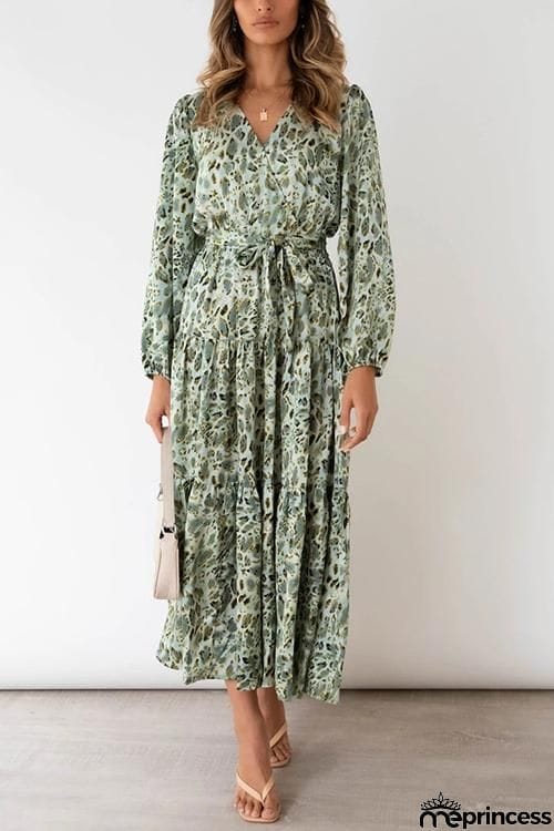 Print Belted Long Sleeve Maxi Dress