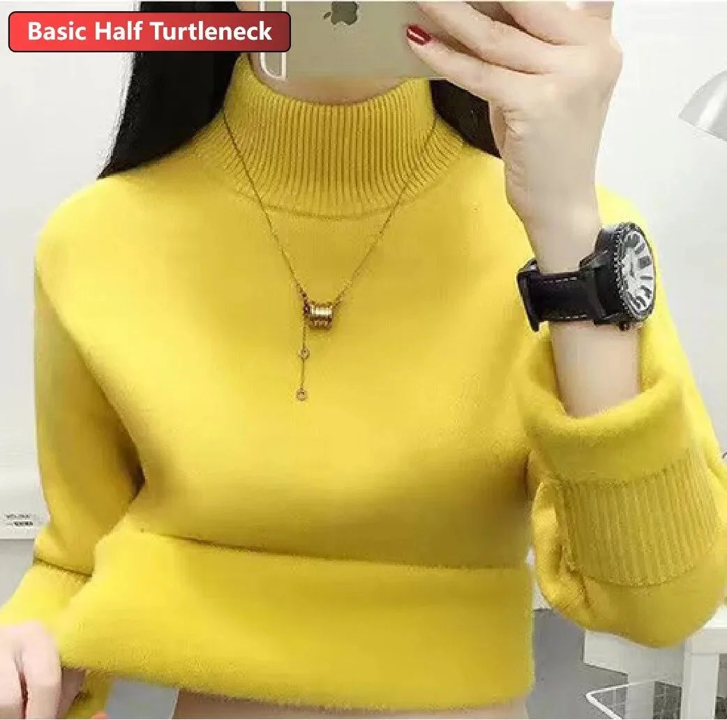 Uveng Warm Sweater Pullover Women Slim Thicken Plush Velvet Lined Knitwear Jumper Korean Half Turtleneck Poleras Soft Knit Tops