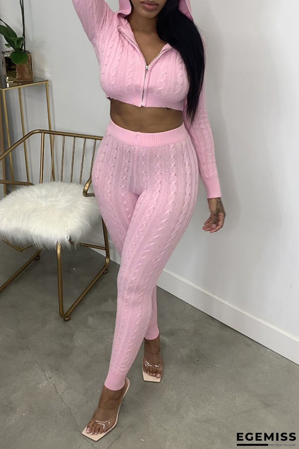 Pink Casual Solid Patchwork Hooded Collar Long Sleeve Two Pieces | EGEMISS