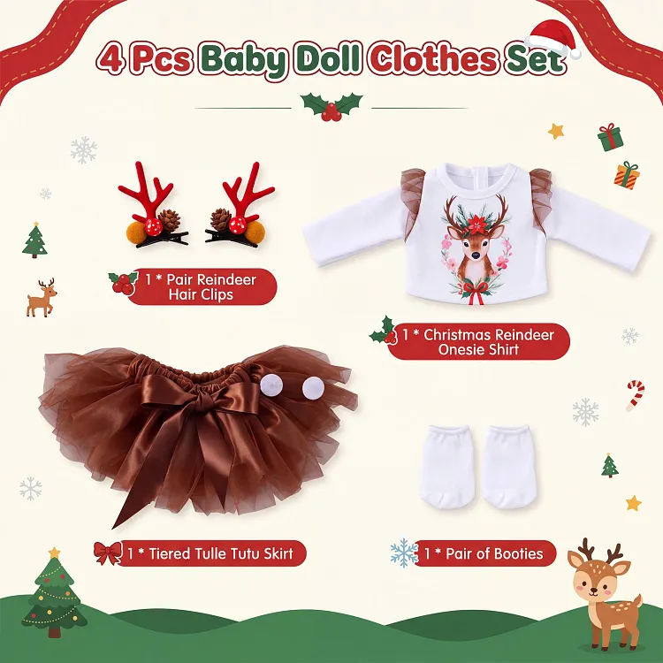 Christmas Reindeer Tutu Outfit Set for 16" Silicone Reborn Dolls &ndash; Onesie, Skirt & Accessories