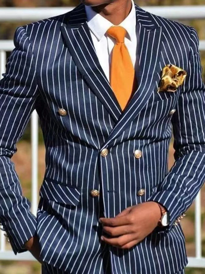 Men's Work Striped Double Breasted Peaked Collar Blazer 