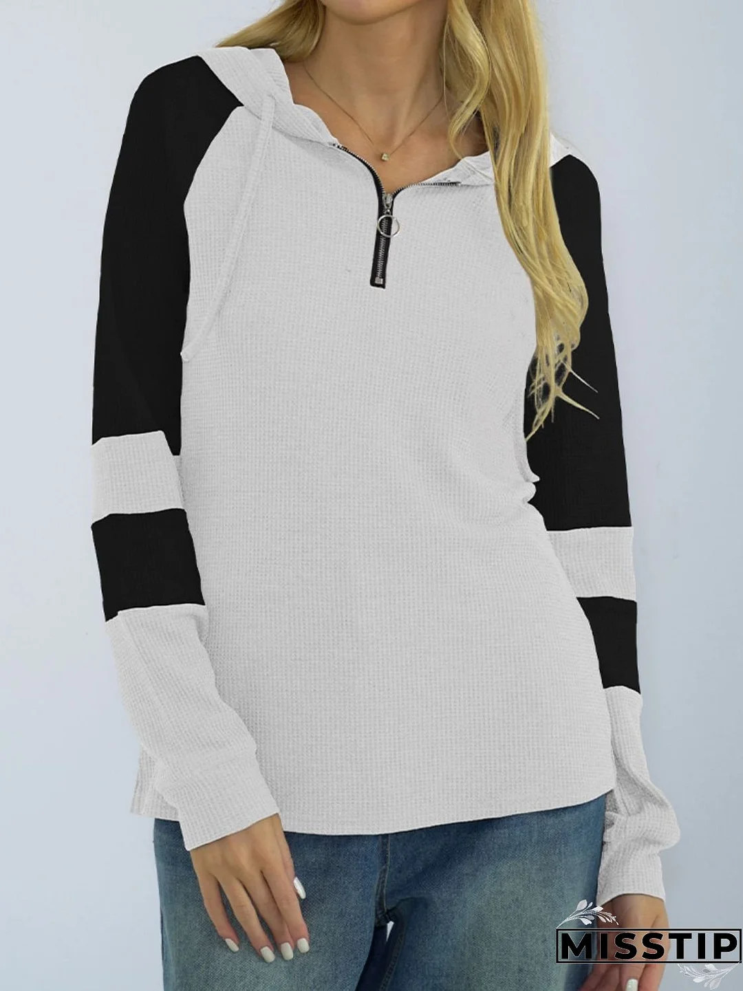 Waffle-Knit Raglan Sleeve Zipper Front Hoody