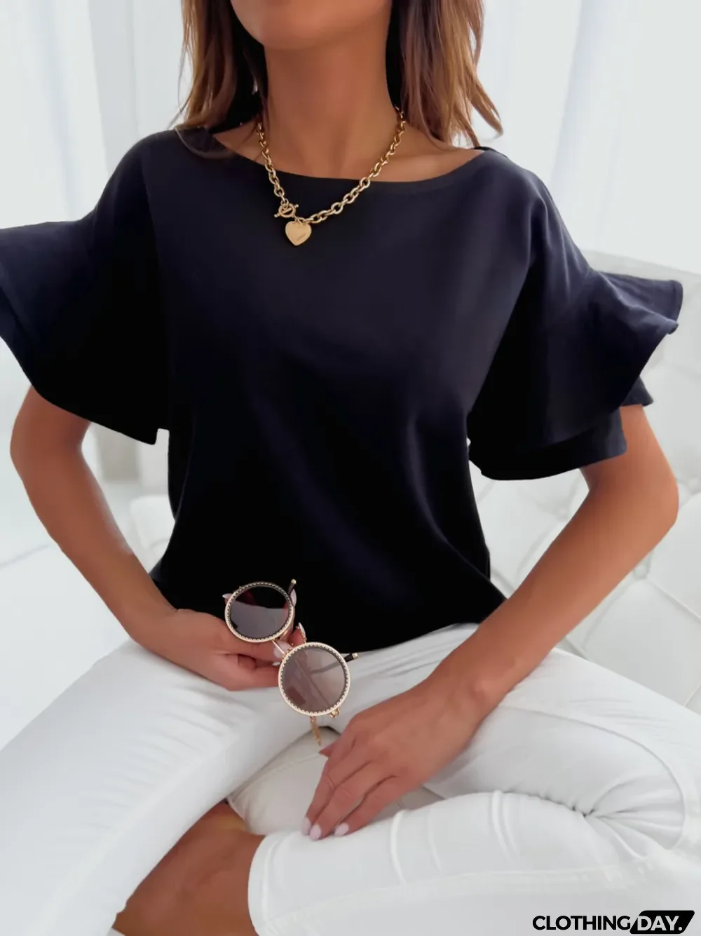 Women Summer Loose Bell Bottom Sleeve Round Neck Solid T-Shirt