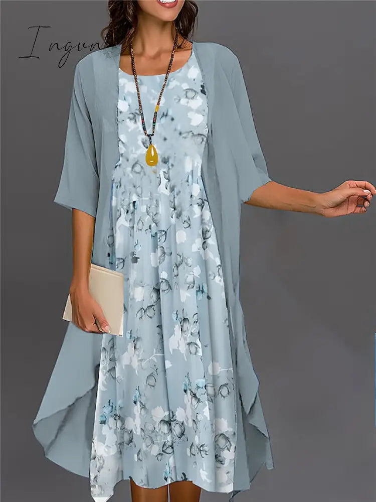 Ingvn - Women’s Two Piece Dress Set Casual Print Outdoor Daily Fashion Elegant Midi Crew Neck 3/4