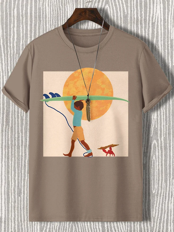 Men's Boy Holding Surfboard At The Seaside Print Cotton Casual T-Shirt