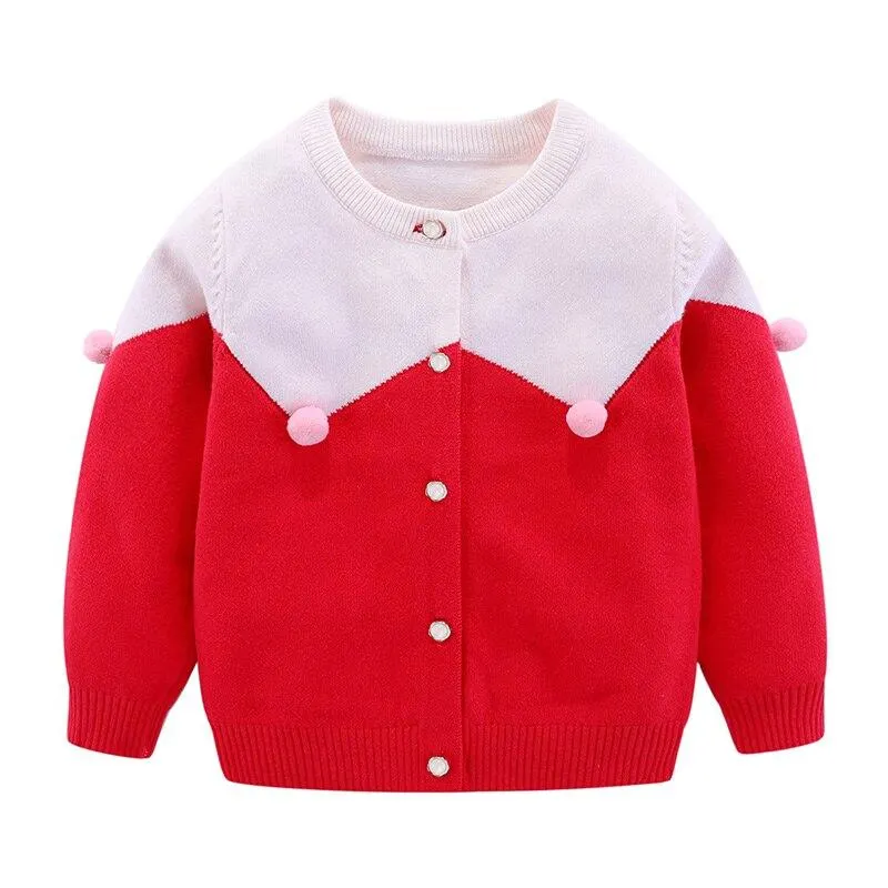 Mudkingdom Baby Girl Cardigan Sweater Autumn Spliced Cute Pompon Kids Knit Outwear