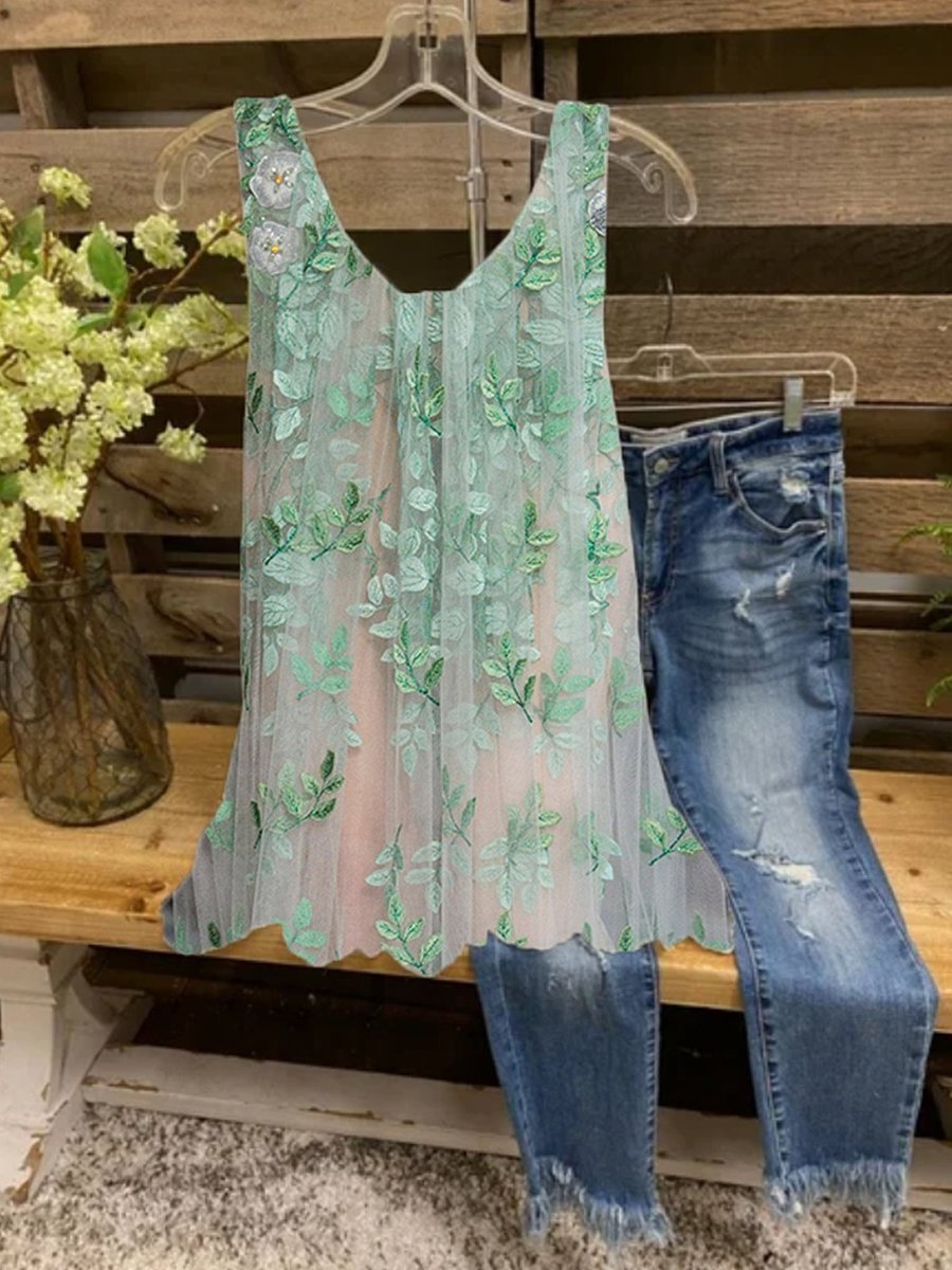 FLORAL SLEEVELESS PRINTED COTTON-BLEND CREW NECK ELEGANT SUMMER GREEN TOP