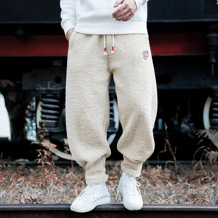 Eoddy Fleece Joggers Solid Casual Slant Pocket Drawstring Fuzzy Thickened Pants