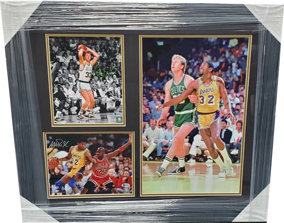 Magic Johnson & Larry Bird Hand Signed Auto 8x10 Photo Poster paintings Framed with 10x18 BAS