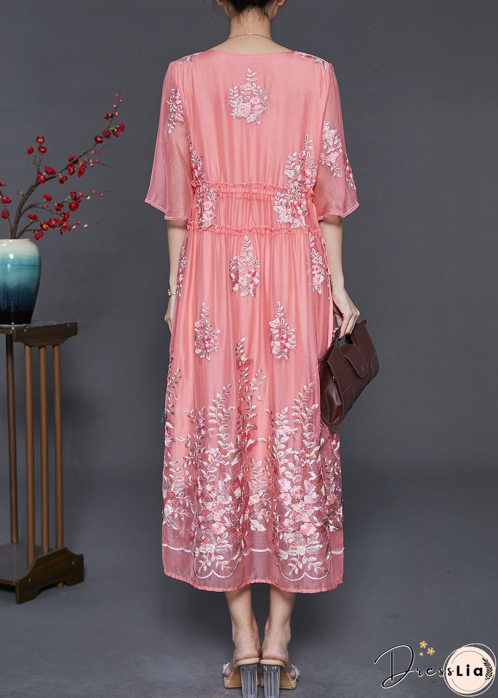 Women Pink Embroidered Silk Cinched Dress Summer