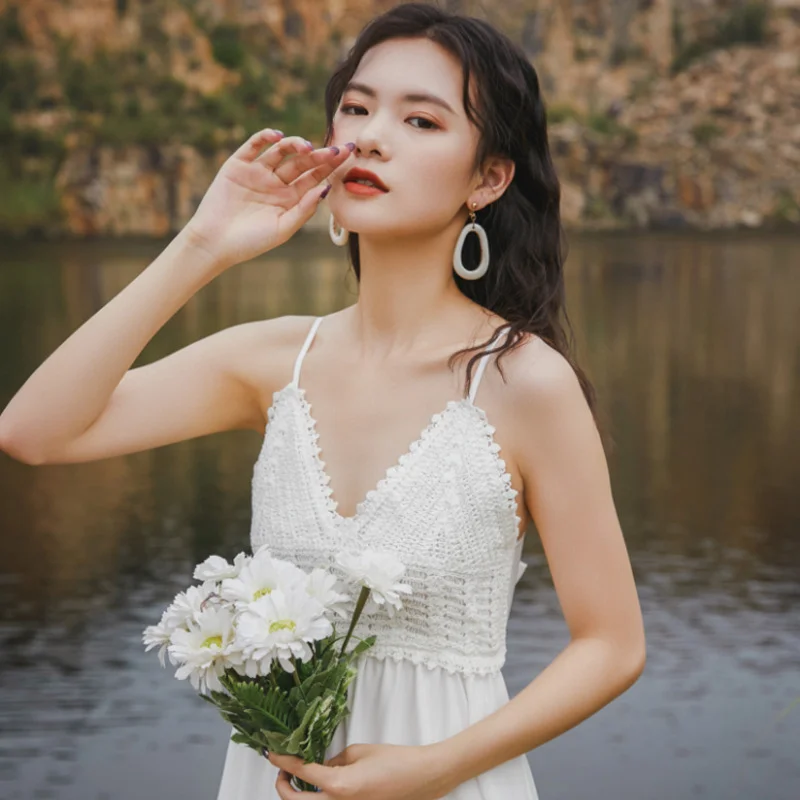 Churchf Churchf Travel Photo Clothes Female Summer Seaside Vacation Beach Dress Super Fairy Temperament Show Back Sling Dress
