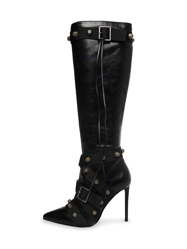 Cool Studded Strap Buckle Zip Pointed Toe Stiletto Heel Mid Calf Boots