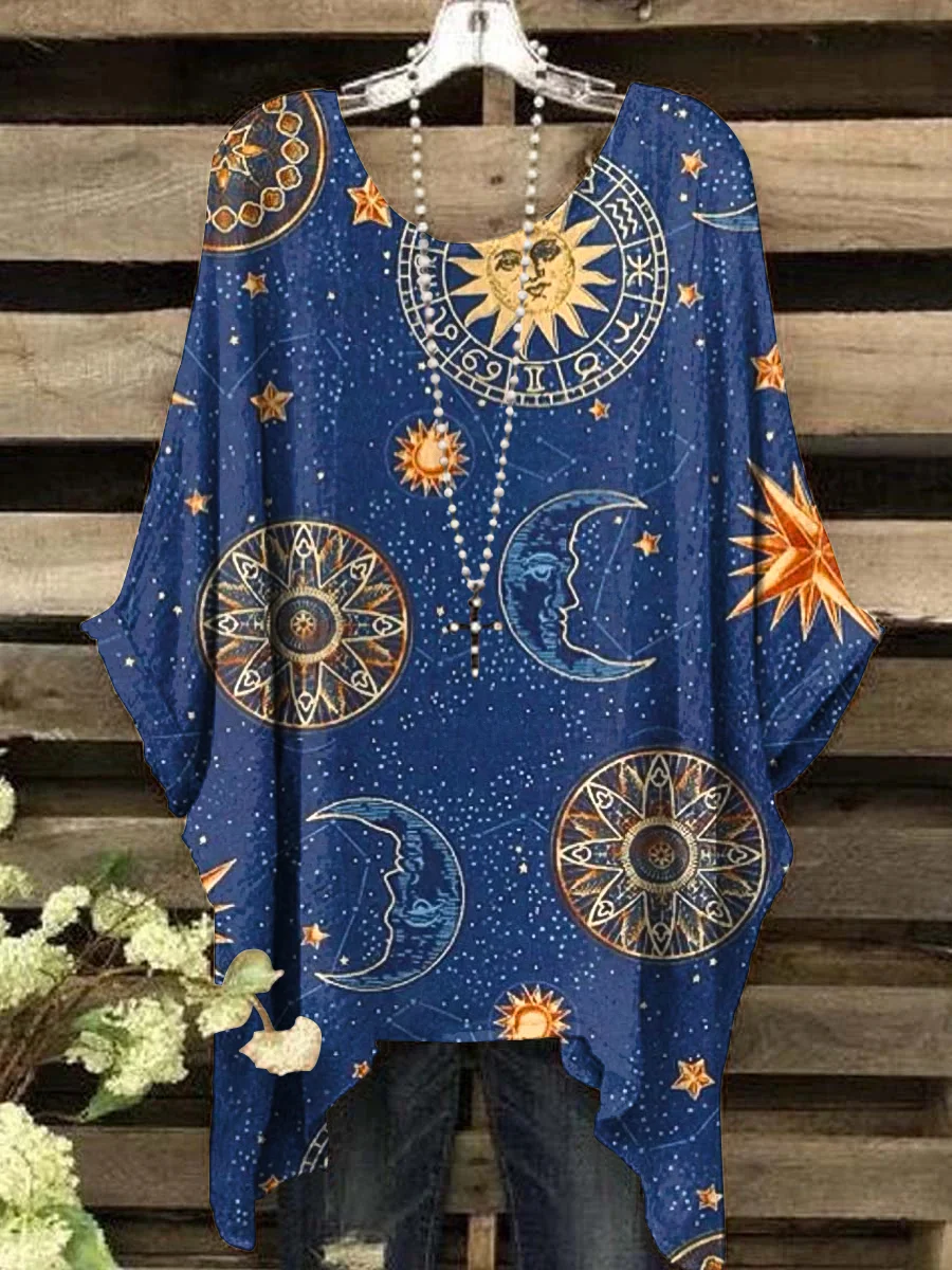 Women's Vintage Star Moon Divination Art Print Crew Neck Top