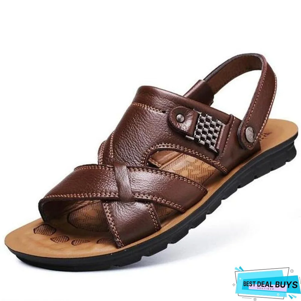 Men's Genuine Leather Casual Non-Slip Sandals Beach Slippers Shoes
