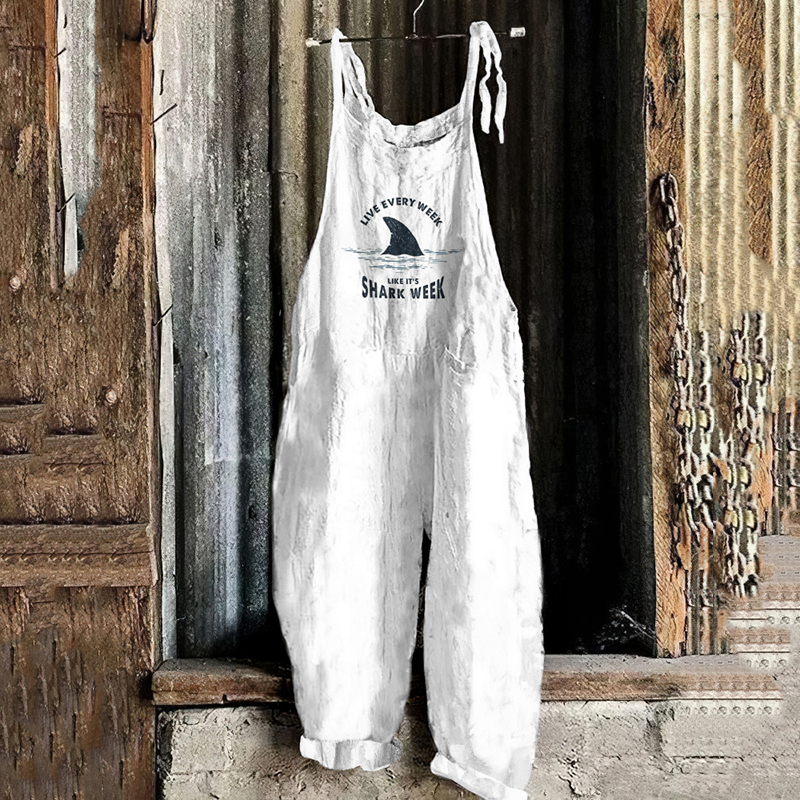 Comstylish Japanese Art Vintage Shark Week Graphic Painting Art Loose Jumpsuit