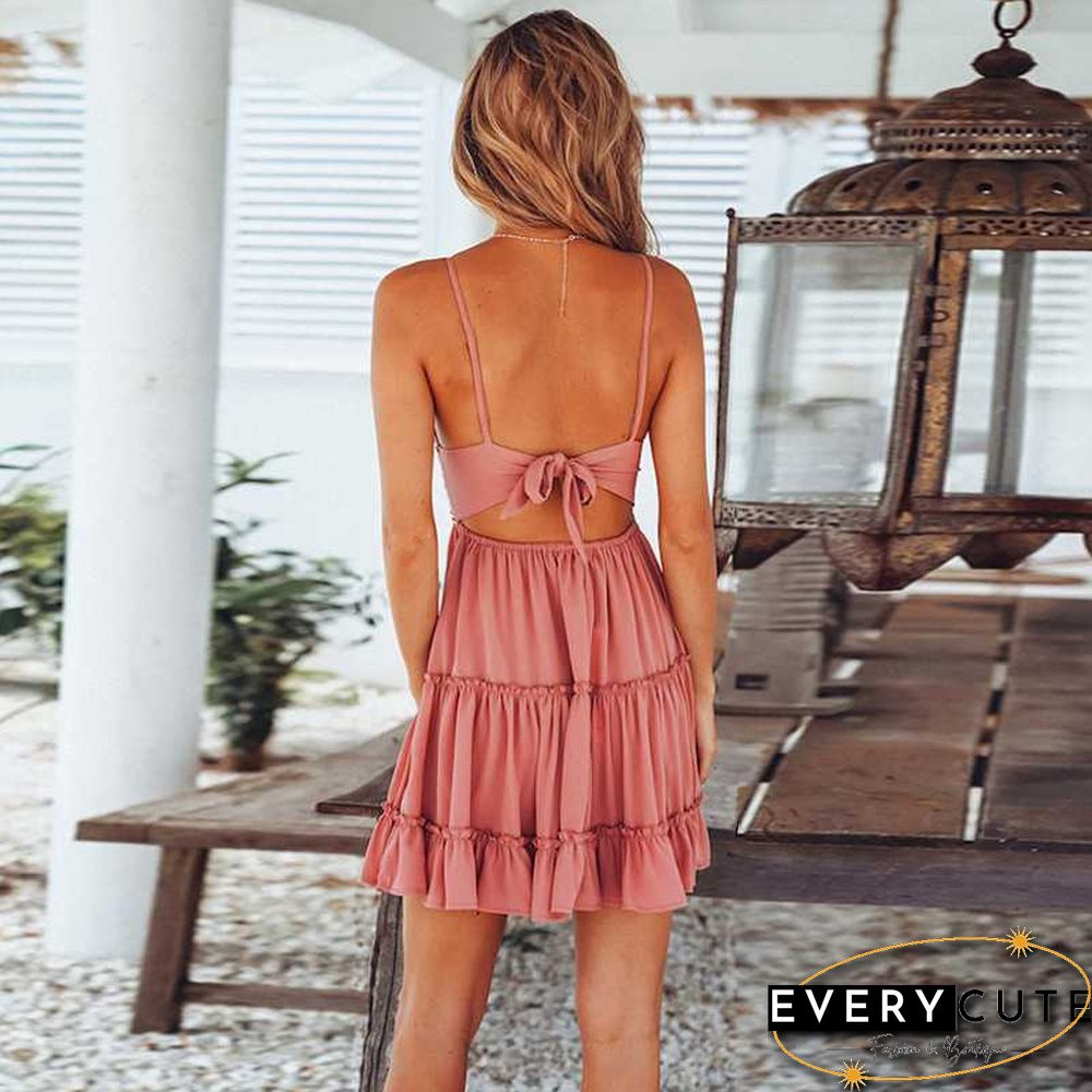 Tie Back Knot Lace Tiered Layered Ruffle Mini Dress