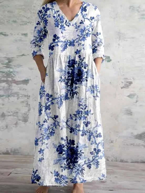 Women's 3/4 Sleeve V-neck Floral Printed Midi Dress
