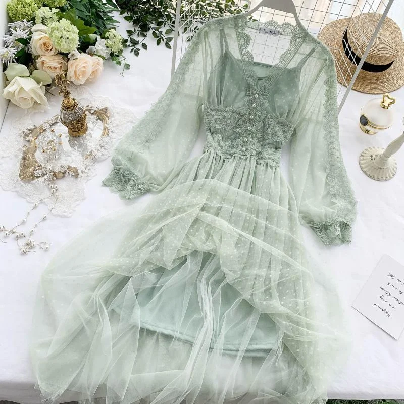 FTLZZ Sweet Tulle Long Dress Spring Summer High Waist Long Sleeve V Neck Polka Dot Bohemian Dress Female Slim Fairy Dresses