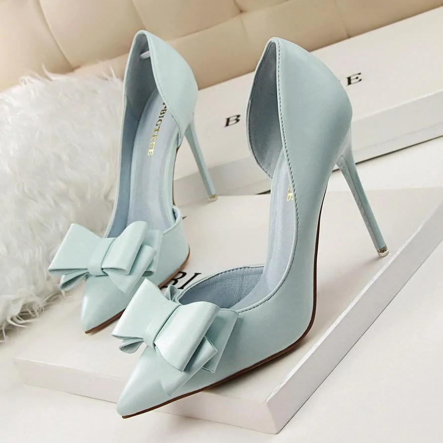 Fashionable bow-knot high-heeled stiletto shoes with shallow mouth and side cutout shoes