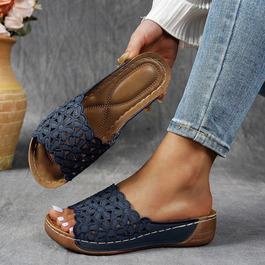 Breakj Breakj Summer New Women's Thick Bottom Slippers Large-Size Fish Mouth A Word Wide Striped Thick Bottom Slippers Women