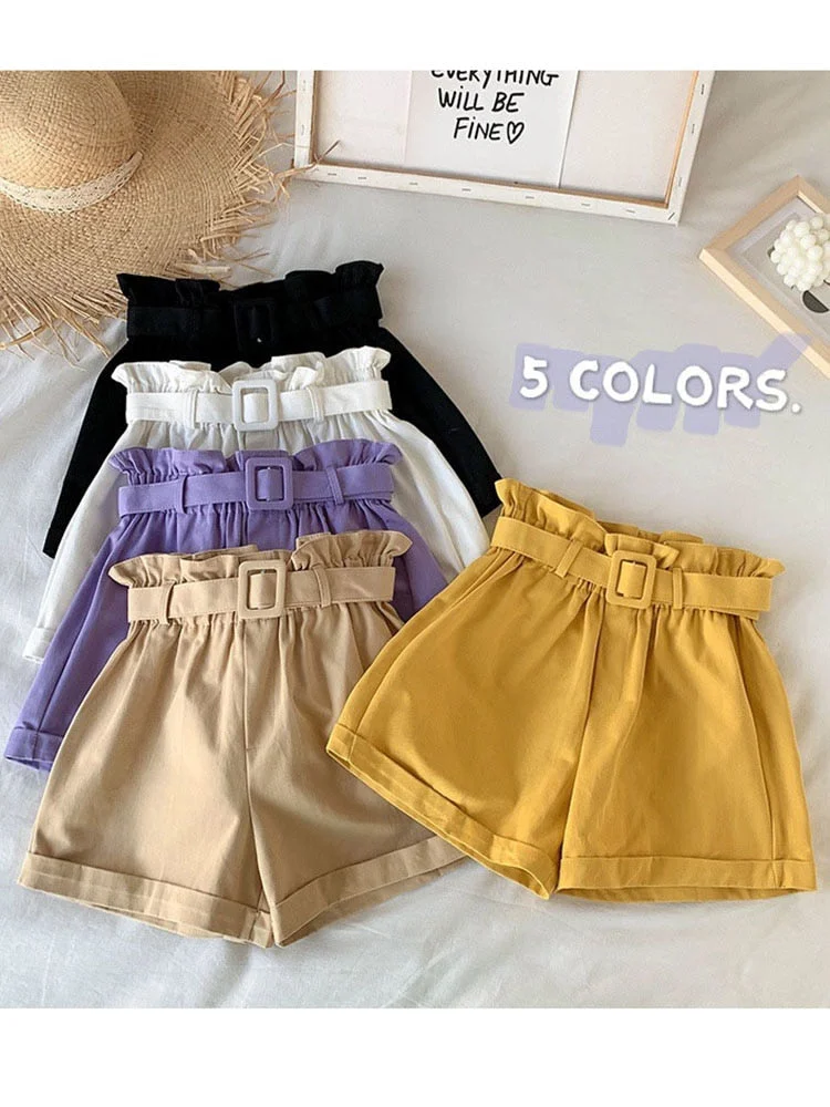 Women Casual High Waist Loose Cotton Short Pants 2022 Summer Elegant Sweet Girls All-Match Wide Leg Shorts With Belt Korean