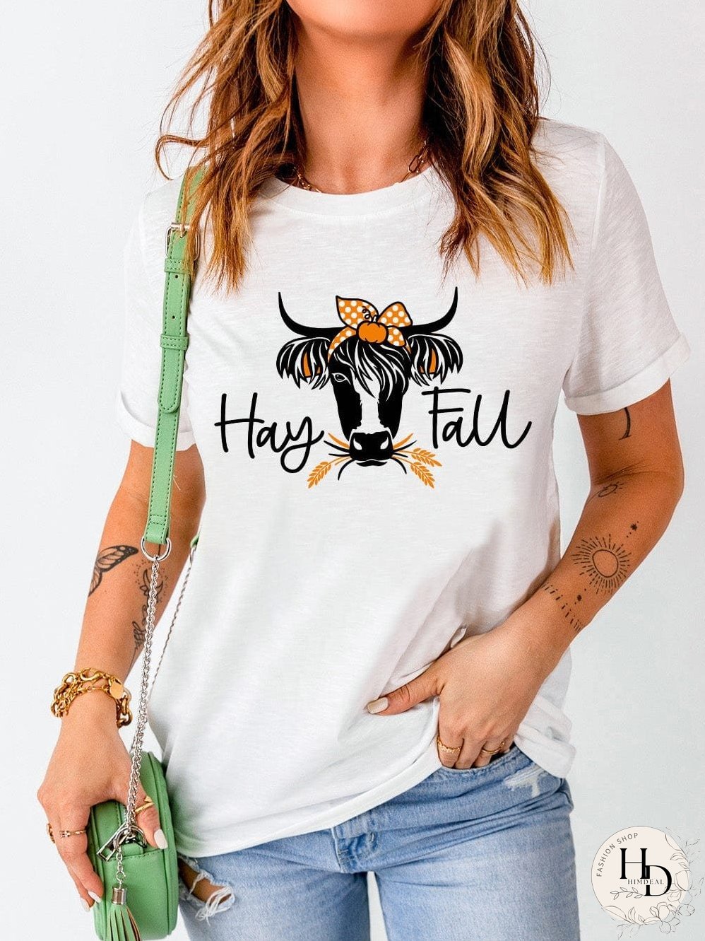 Heifer Print White Graphic Tee with "Hay Fall" Design