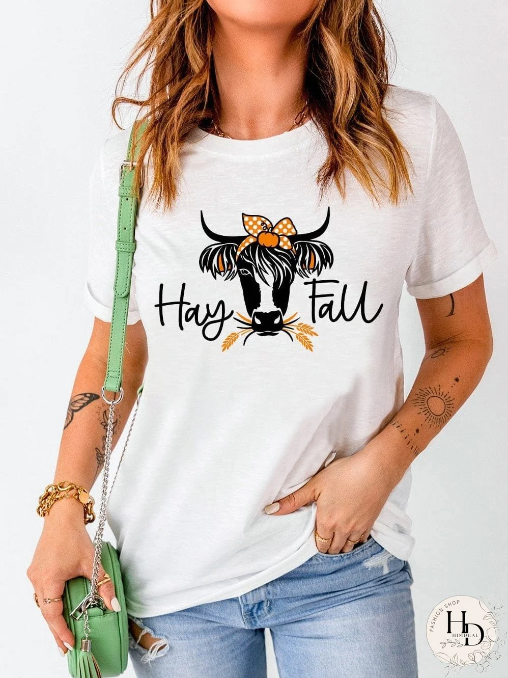 Heifer Print White Graphic Tee with "Hay Fall" Design