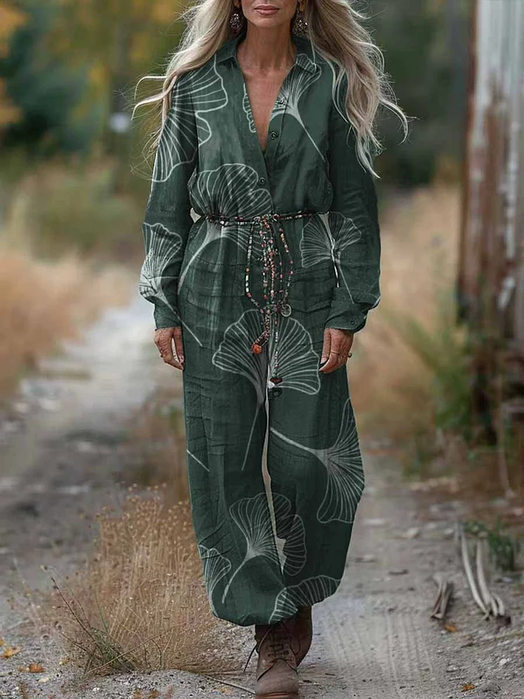 Women's Shirt Collar Ginkgo Leaf Printed Casual Cotton Wide Leg Long Sleeve Jumpsuit