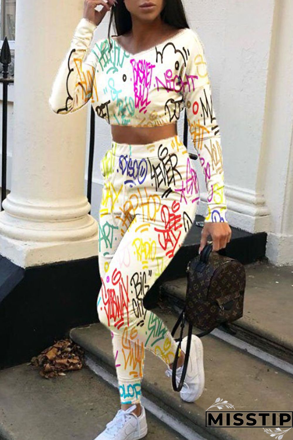Multi-color Street Print Patchwork O Neck Long Sleeve Two Pieces