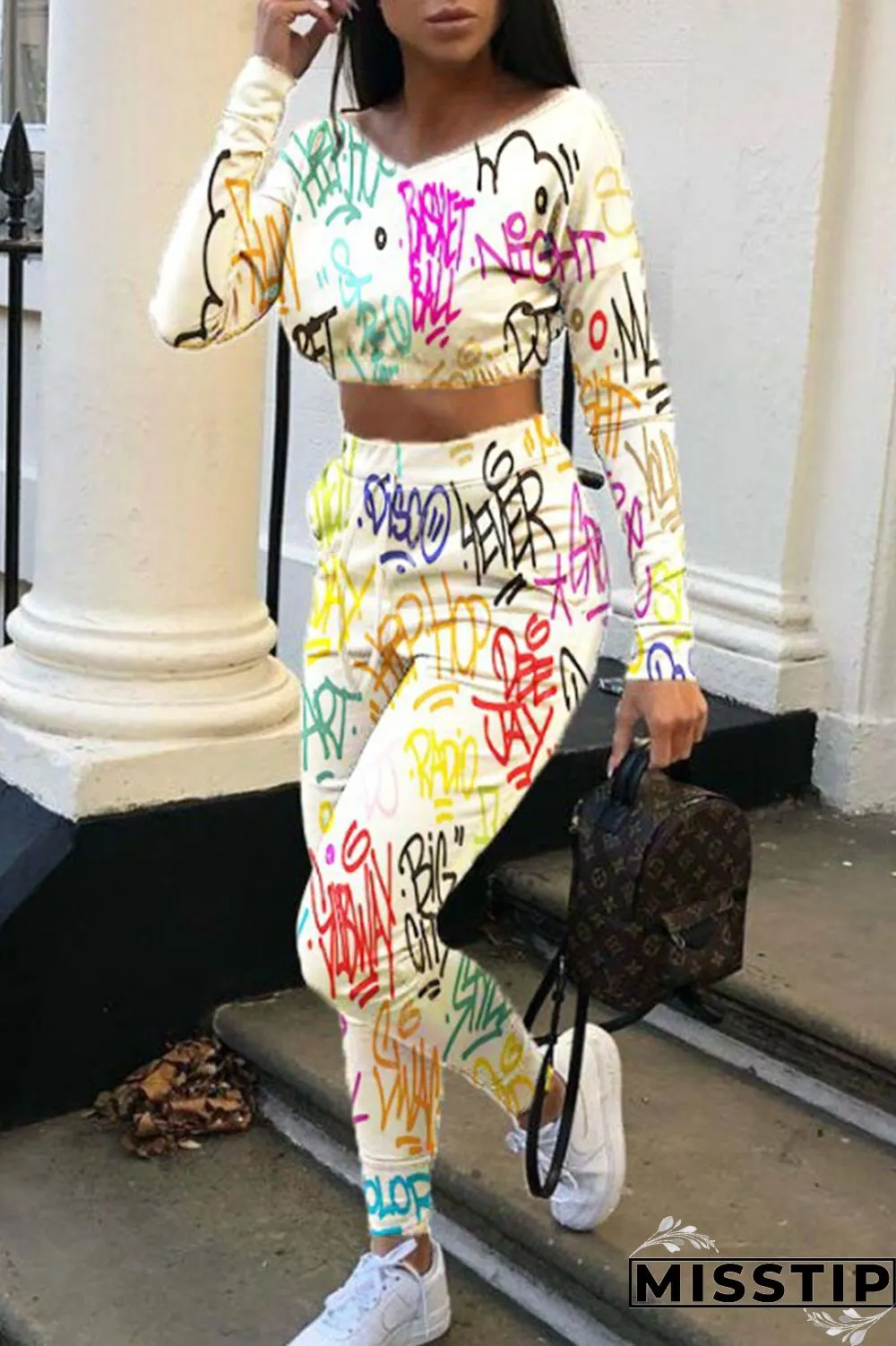 Multi-color Street Print Patchwork O Neck Long Sleeve Two Pieces