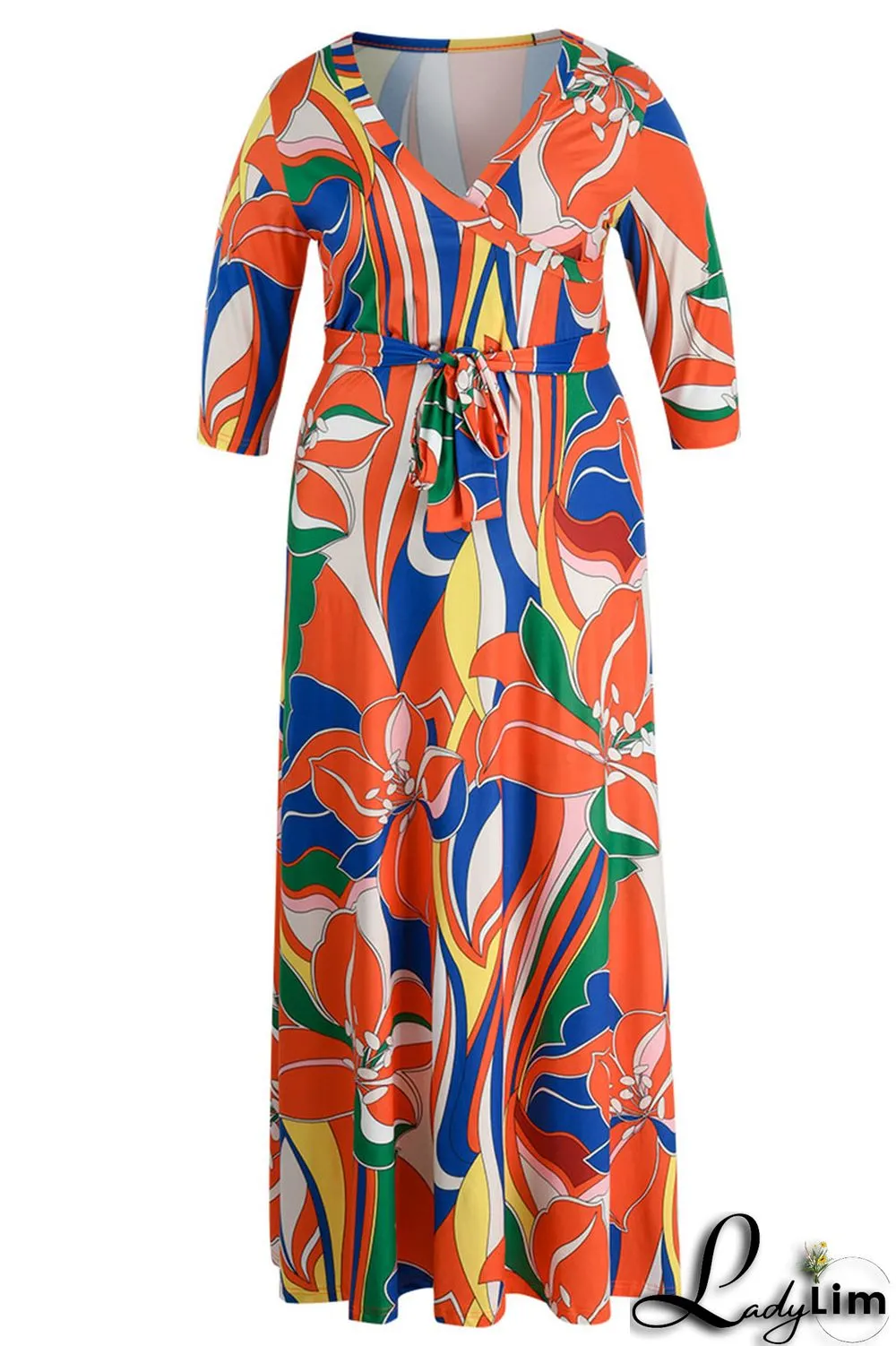 Purplish Blue Casual Print Bandage Patchwork V Neck Plus Size Dresses