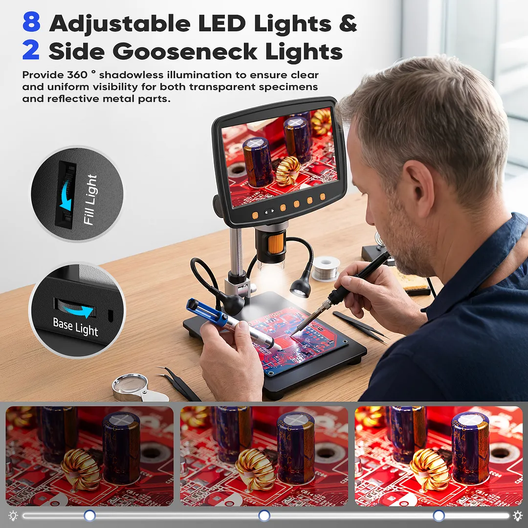 BEBANG 7" Coin Microscope, 1200X LCD Digital Microscope with 8 Adjustable LED Lights, 2 Flexible Side Lights, PC View Compatible with Windows Mac OS, 32GB
