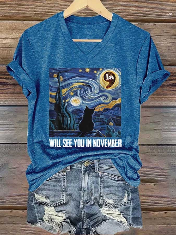 V-neck Retro Cat  LA Starry Night Will See You In November Print T-Shirt
