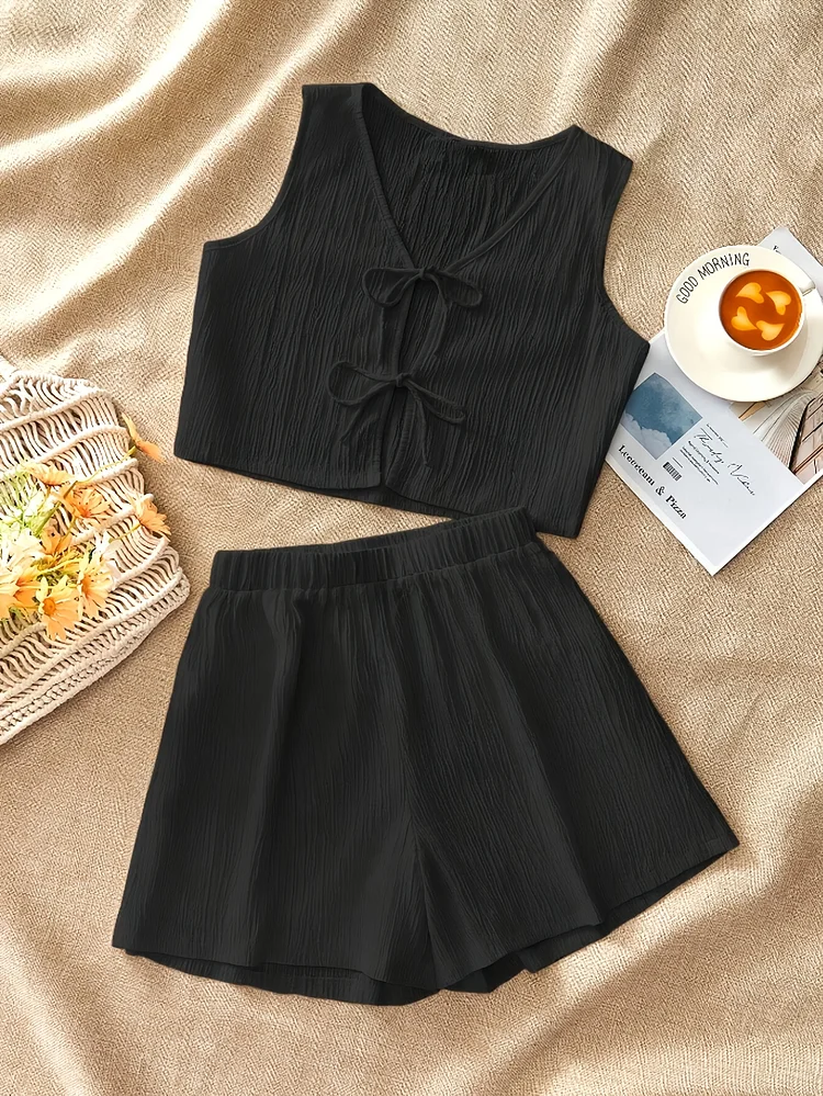 Elegant Women's Casual Two-Piece Set - Solid Color V-Neck Sleeveless Top And Shorts, Breathable And Comfortable, Perfect For Spring And Summer