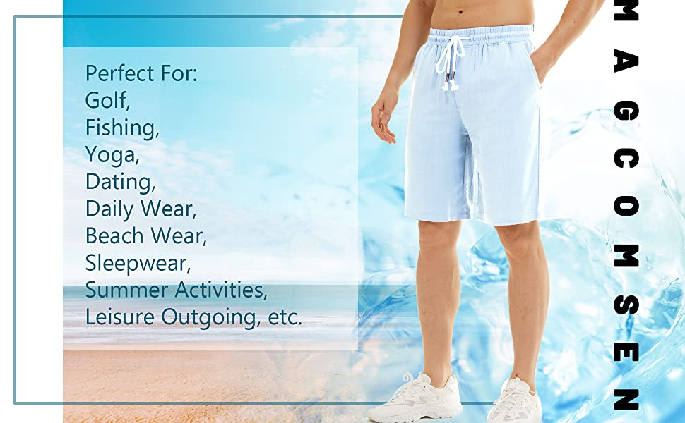 Men Linen Cotton Shorts Fashion Solid Color Drawstring Elastic Waist